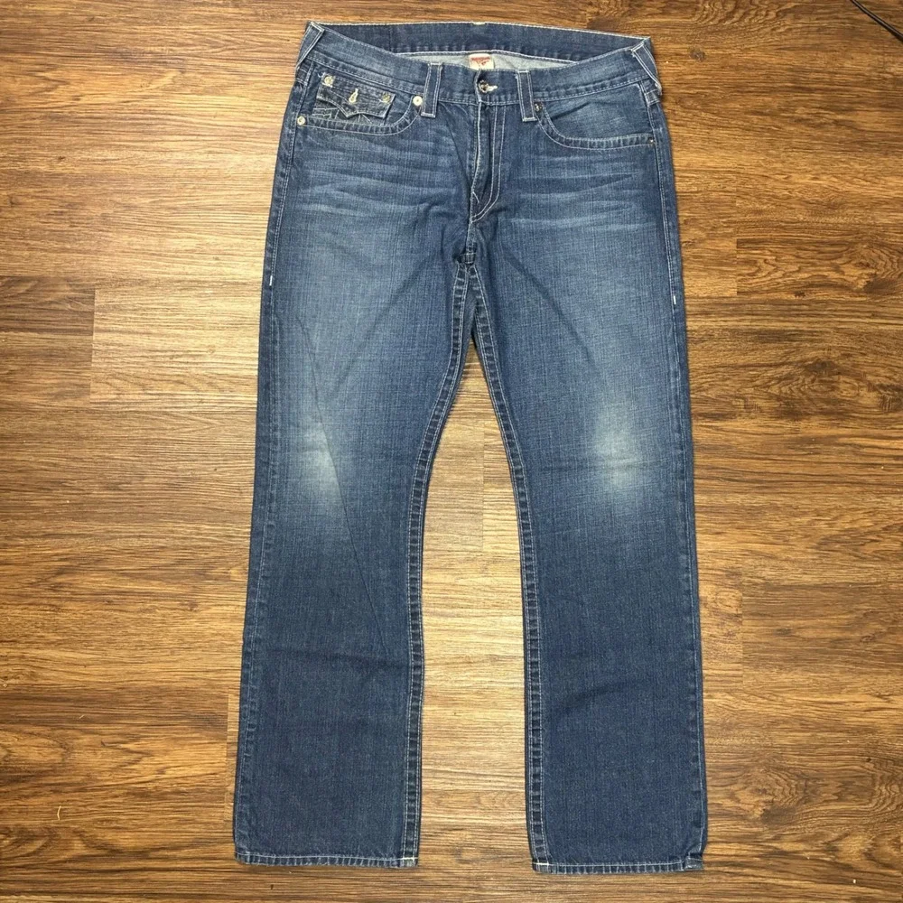 Vtg True Religion Ricky Straight Jeans Mens 36x33 Blue Paisley Pocket Flap USA
